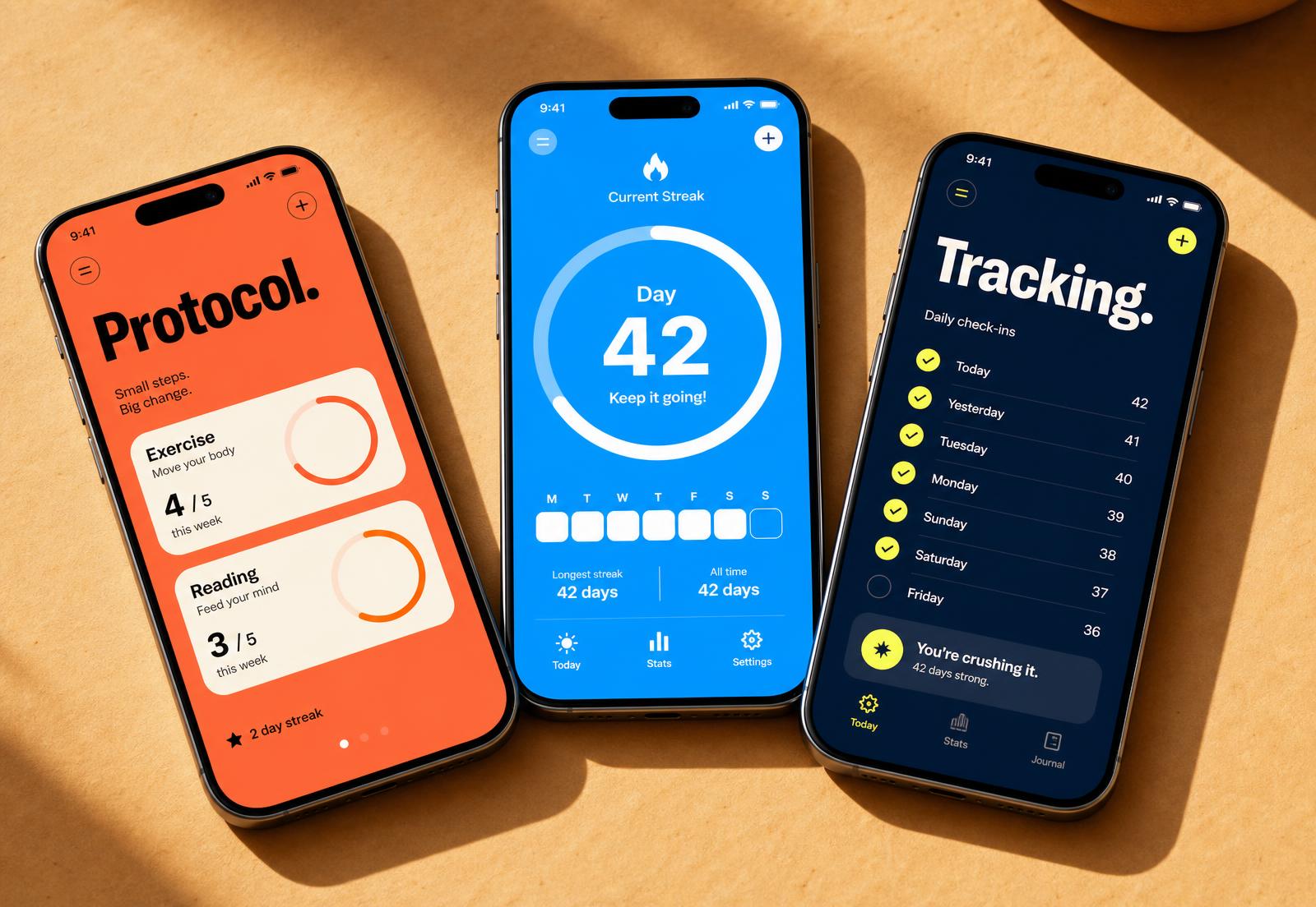 Three phones showing the Bondi Code app: protocol home screen, day 42 streak ring, and daily check-in tracking