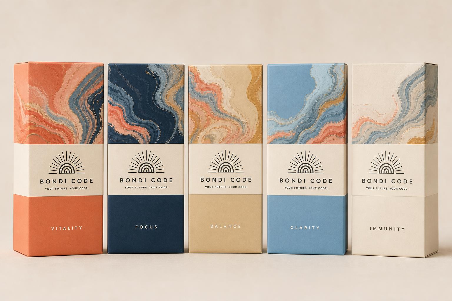 Five Bondi Code protocol cartons in coral, ink, sand, sky blue and cream with marbled artwork and a paper band carrying the sunrise wordmark