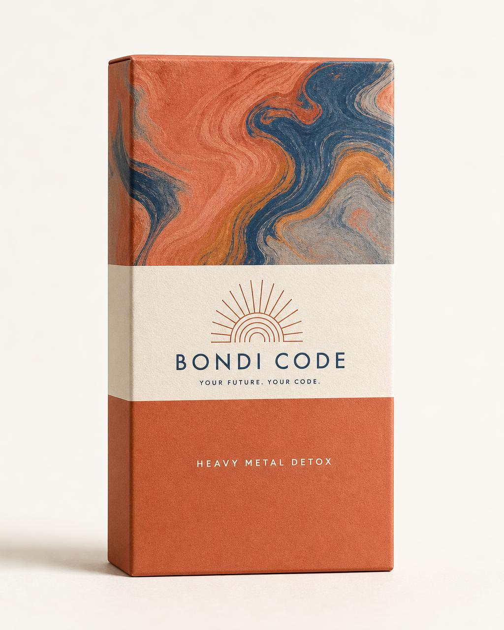 Coral Bondi Code Heavy Metal Detox carton with marbled artwork and a cream paper band carrying the sunrise wordmark