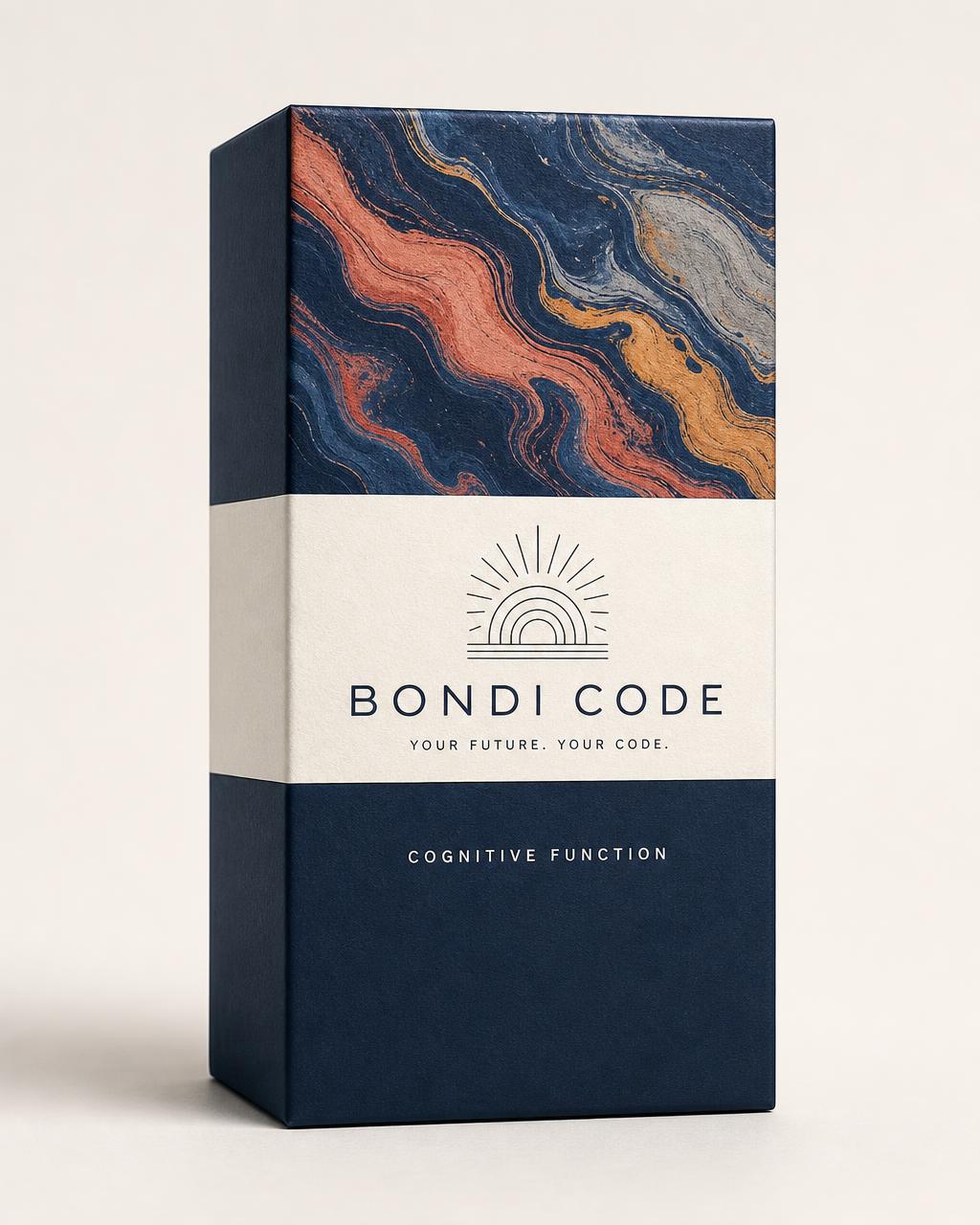 Deep navy Bondi Code Cognitive Function carton with marbled artwork and a cream paper band carrying the sunrise wordmark