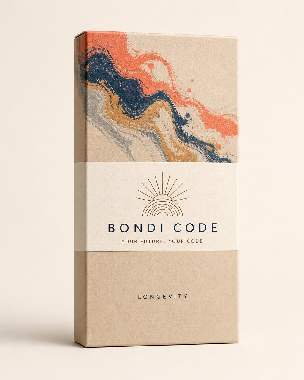 Sand beige Bondi Code Longevity carton with marbled artwork and a cream paper band carrying the sunrise wordmark