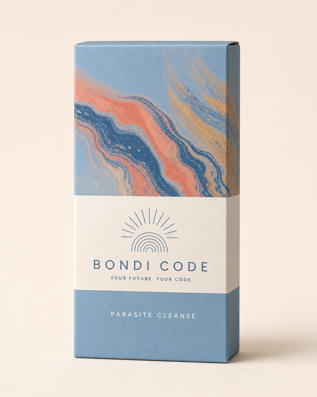 Sky blue Bondi Code Parasite Cleanse carton with marbled artwork and a cream paper band carrying the sunrise wordmark